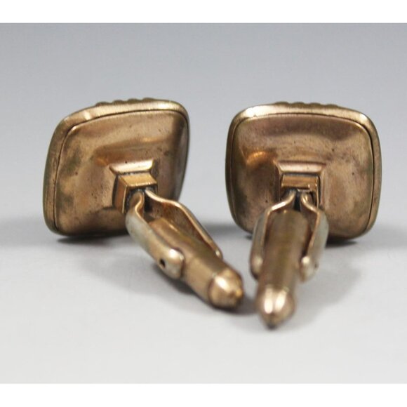Mid-Century Square Gold Tone Cuff Links Blue Glass or Stone Insets 1960s - Picture 4 of 4